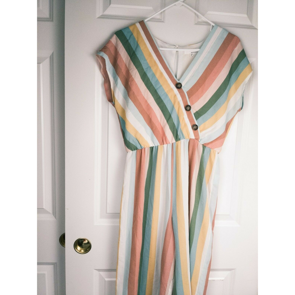 June And Hudson Womens Junior Jumpsuit Size S Pastel Striped Short Sleeve V Neck